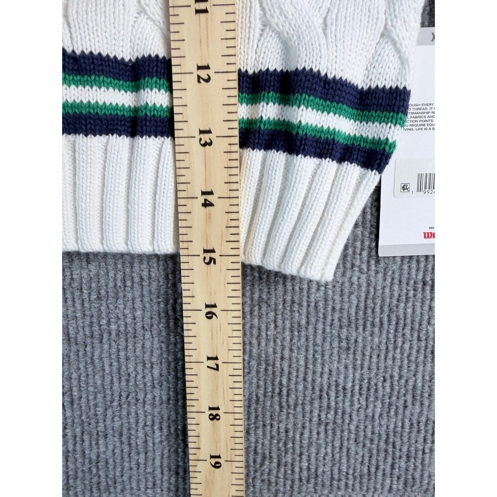 Wilson Kids White V-Neck Cable Knit Sweater Navy Green Stripe Logo XS 4/5 NWT - Picture 7 of 8